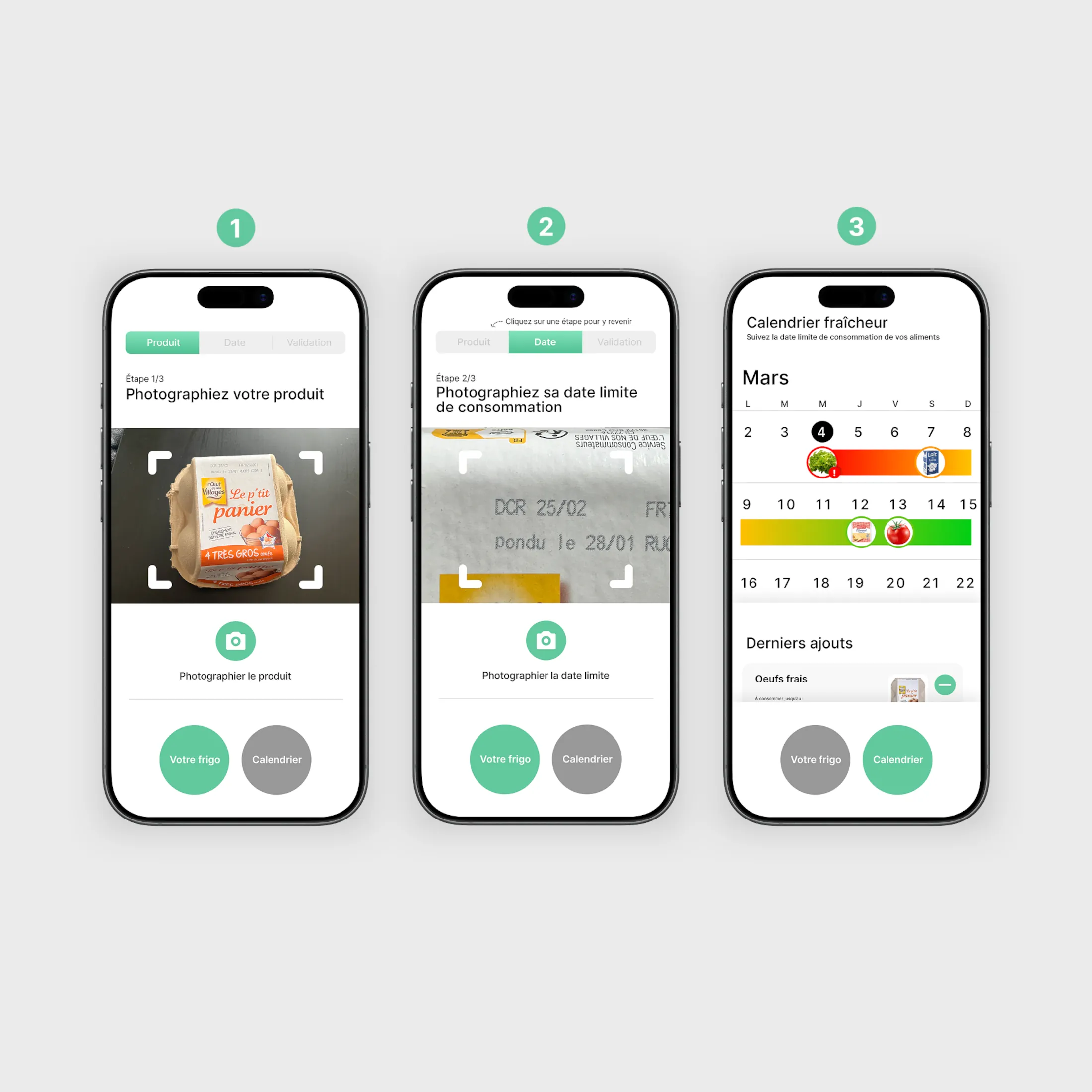 Écrans de l'application Eco Fridge
