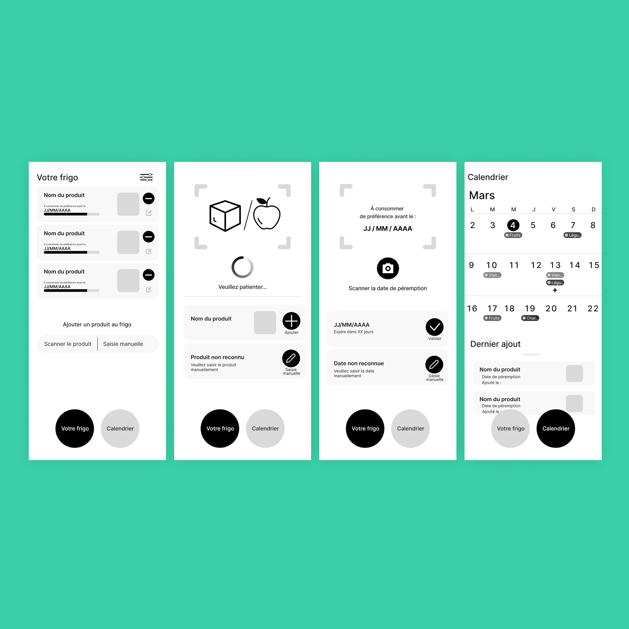 Wireframes de l'application Eco Fridge
