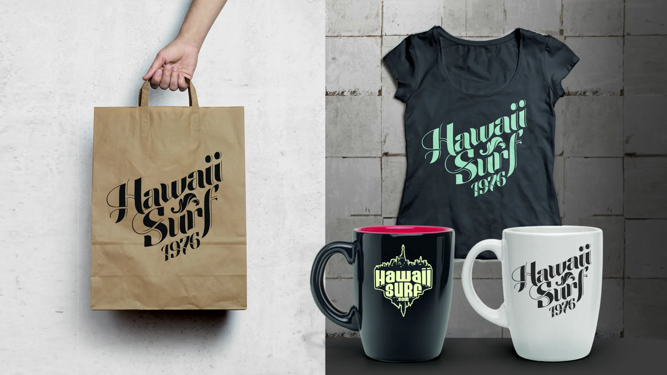 Sac de courses, mugs et t-shirt aux couleurs d'Hawaii Surf
