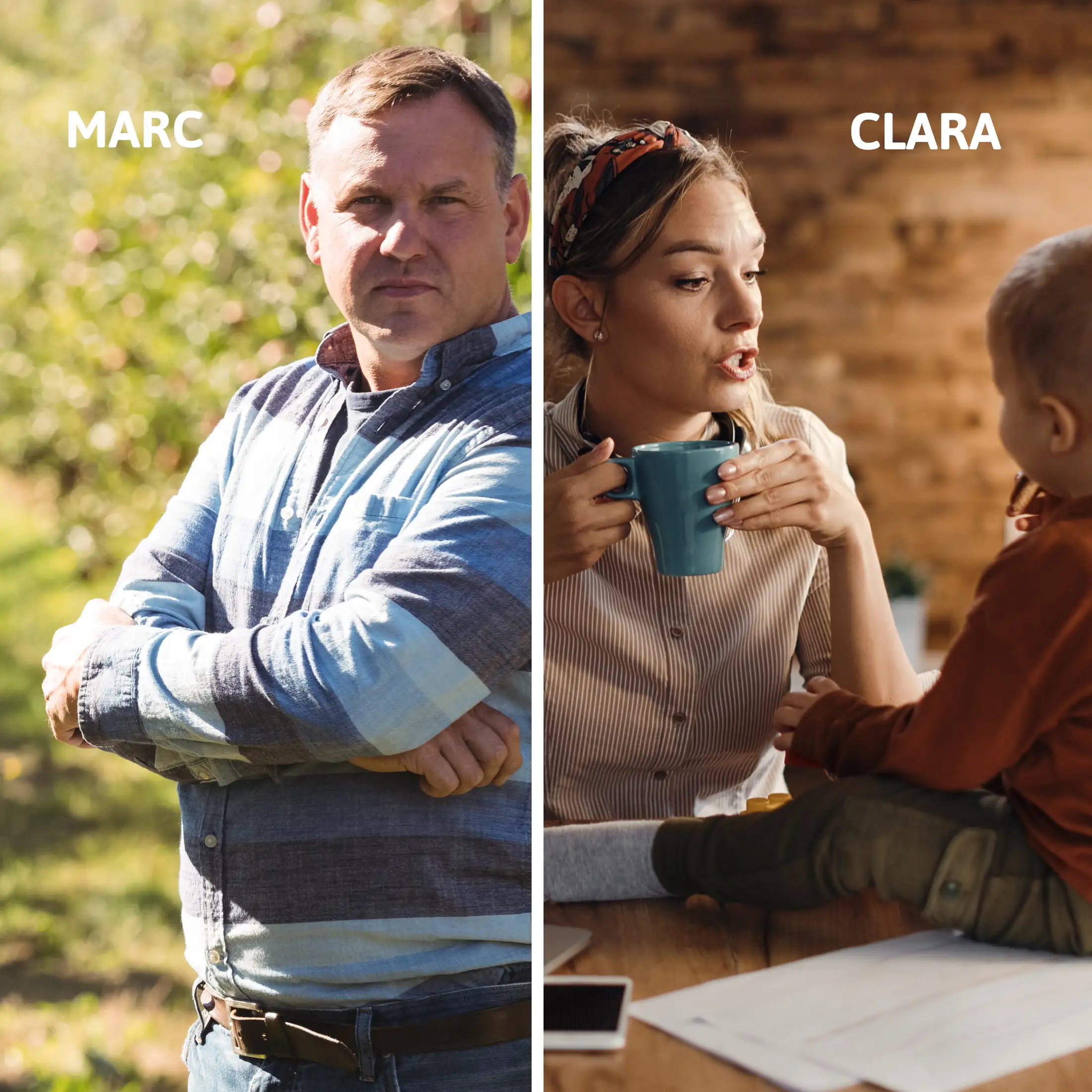 Marc l'agriculteur et Clara la mère de famille